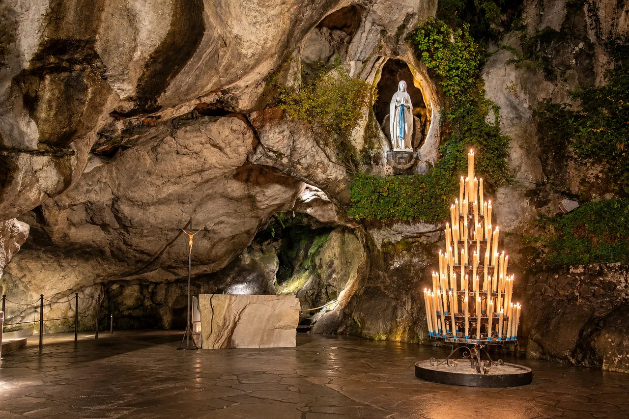 La grotte de Massabielle à Lourdes, la statue de la Vierge et le chandelier de cierges