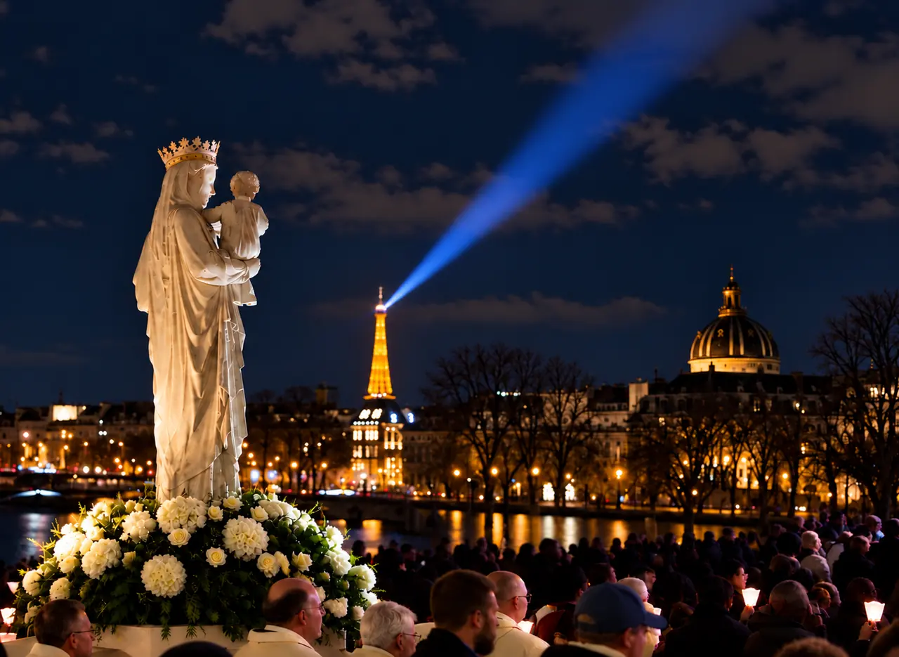 Notre-Dame portée de nuit en procession sur les quais de Paris, la tour Eiffel illuminée au loin